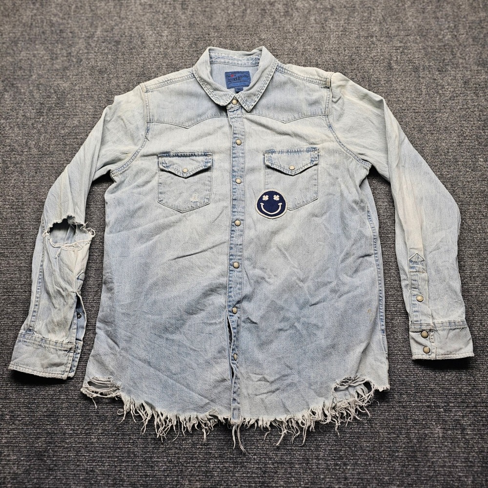 Lucky Brand Mens Distressed Denim Western Shirt Light Wash Smiley Patch Large